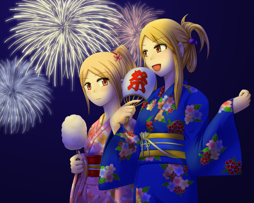 2girls absurdres agrias_oaks blonde_hair breasts cotton_candy final_fantasy final_fantasy_tactics fireworks food highres holding holding_cotton_candy holding_food japanese_clothes kimono long_hair multiple_girls ovelia_atkascha rawza short_hair yukata