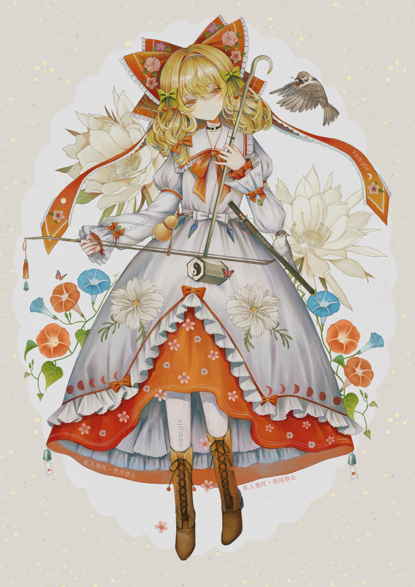 1girl \||/ absurdres beak_hold bird bird_request black_choker blonde_hair blue_flower boots bow brown_bird brown_boots cherry chinese_commentary choker commentary_request dress erhu fashion floral_print flower flower_request food frilled_bow frilled_shirt_collar frills fruit full_body green_bow hair_bow hairband highres hourai_kiriri instrument japanese_clothes lace-up_boots long_hair long_sleeves looking_at_viewer mouth_hold music oversized_flower pantyhose peter_pan_collar playing_instrument red_bow red_flower red_hairband red_ribbon ribbon sample_watermark satsuki_rin solo touhou watermark white_dress white_flower white_pantyhose yellow_eyes yin_yang yin_yang_print