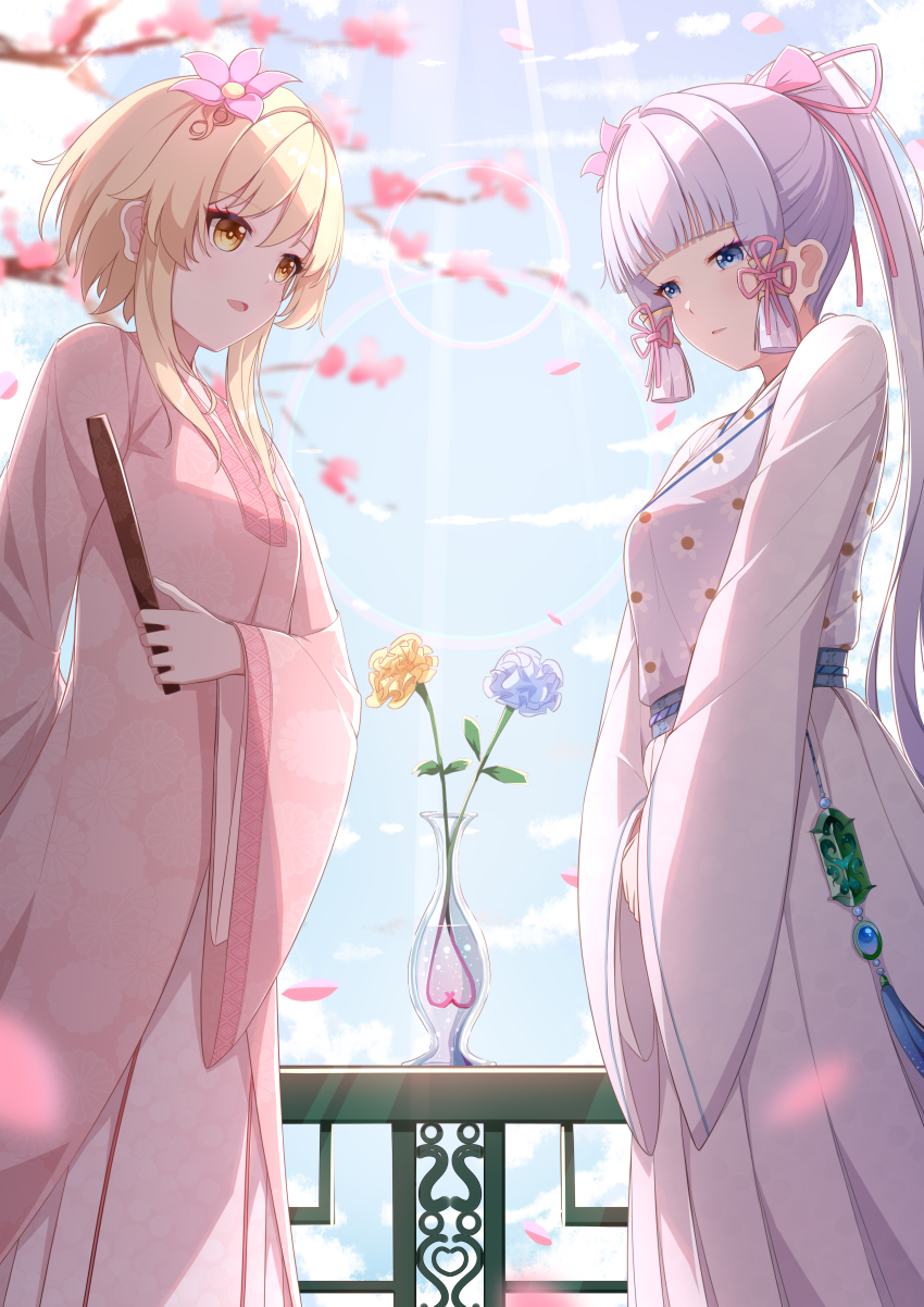 2girls absurdres aoqun ayaka_(genshin_impact) beizi_(clothing) blonde_hair blue_eyes blue_flower charm_(object) cherry_blossoms chinese_clothes cowboy_shot flower folding_fan genshin_impact hand_fan hanfu highres implied_yuri jiaoling_ruqun lumine_(genshin_impact) multiple_girls mxirony pink_hanfu ponytail sidelocks sky symbolism symmetry vase yaopei yellow_eyes yellow_flower