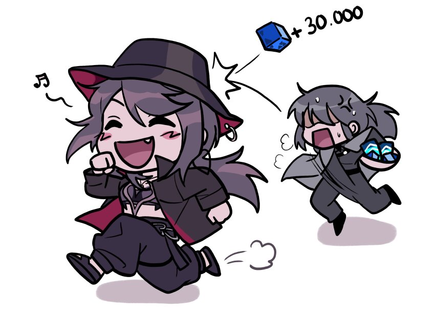 absurdres anger_vein chasing chibi chief_(path_to_nowhere) closed_eyes coat deren_(path_to_nowhere) female_chief_(path_to_nowhere) gacha_(game_mechanic) hat highres jacket mika29428149 musical_note path_to_nowhere ponytail running smile throwing white_background