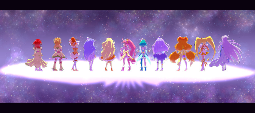 6+girls absurdres ahoge amamiya_elena amanogawa_kirara arms_behind_back arms_behind_head back_bow big_hair bike_shorts blonde_hair boots bow brown_hair choker closed_mouth cropped_shirt cure_bright cure_fortune cure_milky cure_moonlight cure_selene cure_soleil cure_star cure_sunny cure_sunshine cure_twinkle dress earrings facing_away feather_hair_ornament feathers futari_wa_precure_splash_star go!_princess_precure green_dress green_hair hagoromo_lala hair_ornament hand_on_own_hip happinesscharge_precure! heartcatch_precure! high_heel_boots high_heels highres hikawa_iona hino_akane_(smile_precure!) hoop_earrings hoshina_hikaru hyuuga_saki in-franchise_crossover interlocked_fingers jewelry juliet_sleeves kaguya_madoka kiryuu_michiru knee_boots leg_warmers letterboxed long_dress long_hair long_sleeves looking_at_viewer looking_back low-tied_long_hair low_twintails magical_girl medium_dress medium_hair midriff multiple_girls myoudouin_itsuki orange_dress orange_hair own_hands_together pink_boots pink_choker pink_dress pink_hair precure puffy_short_sleeves puffy_sleeves purple_dress purple_hair purple_skirt red_hair satsukizuki_(siwasuduki128) short_dress short_sleeves shorts_under_dress single_leg_pantyhose skirt smile smile_precure! space standing star_(sky) star_(symbol) star_hair_ornament star_twinkle_precure thigh_boots trait_connection tsukikage_yuri twintails two_side_up v_arms very_long_hair white_footwear white_skirt wind yellow_bow yellow_dress
