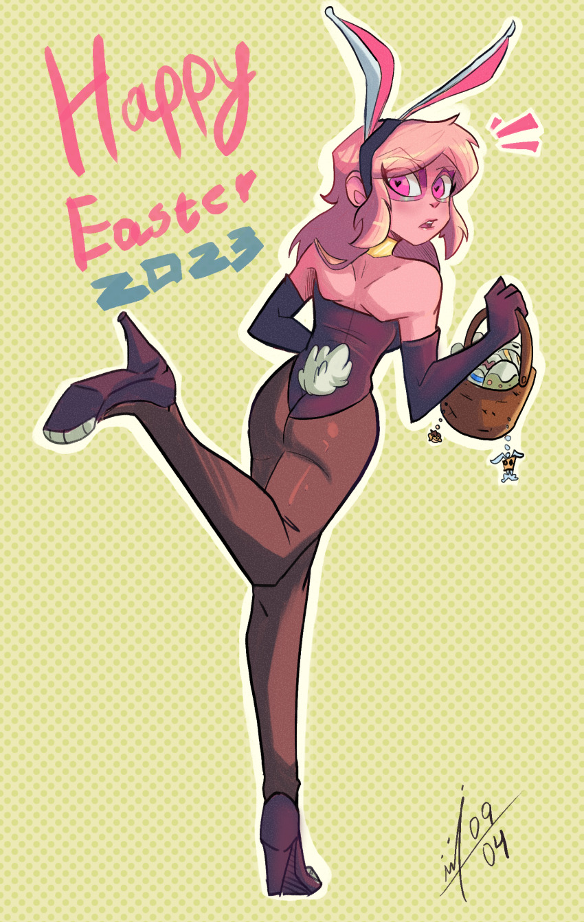 1girl absurdres ass choker easter_egg egg elbow_gloves gloves high_heels highres leotard miss_heed pink_hair playboy_bunny solo villainous