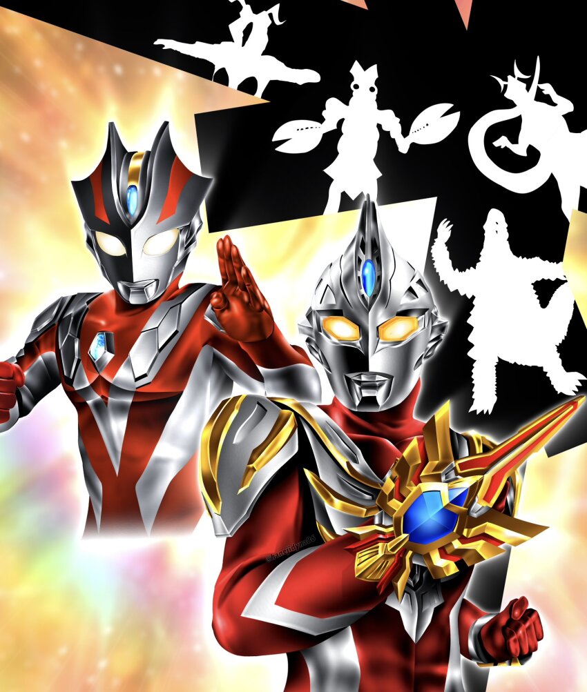 2boys alien arm_guards armor baltan_seijin blue_gemstone breastplate clenched_hand collarbone color_timer colored_skin colorful_background commentary compound_eyes cropped_torso dorsal_fin eleking fighting_stance gem glowing glowing_eyes gradient_eyes hands_up hanejidyna86 highres kaiju light_particles looking_at_viewer looking_down male_focus max_galaxy max_spark monster multicolored_eyes multicolored_skin multiple_boys pectorals rainbow_background red_king_(ultra_series) red_skin shoulder_armor shoulder_pads silhouette silver_skin tokusatsu toned toned_male two-tone_skin ultra_series ultraman_max ultraman_max_(series) ultraman_xenon upper_body weapon white_eyes wrinkled_skin yellow_background yellow_eyes zetton