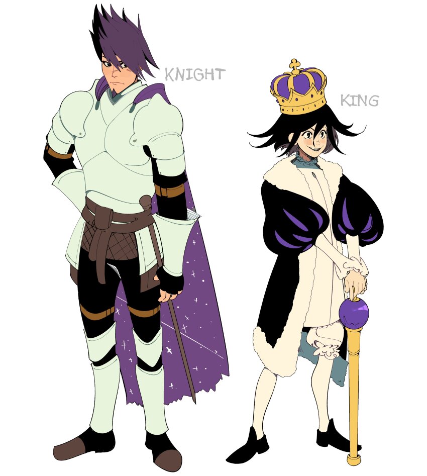 2boys absurdres alternate_costume alternate_universe armor black_eyes black_gloves black_hair blush breastplate cane cape crown danganronpa_(series) danganronpa_v3:_killing_harmony facial_hair fantasy fingerless_gloves flipped_hair full_body fur-trimmed_robe fur_trim gloves goatee greaves grin hair_between_eyes hand_on_own_hip height_difference highres holding holding_cane king knight long_sleeves lovepoints male_focus medium_hair momota_kaito multiple_boys oma_kokichi own_hands_together pantyhose pauldrons plate_armor purple_eyes purple_facial_hair purple_hair robe royal_robe short_hair shorts shoulder_armor simple_background smile space_print spiked_hair standing starry_sky_print tunic white_background white_pantyhose white_shorts white_tunic