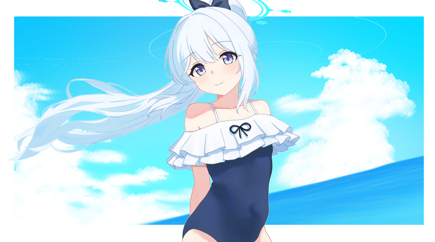 1girl blue_archive blue_bow blue_eyes blue_halo blue_one-piece_swimsuit blue_sky blush border bow cloud collarbone commentary_request covered_navel day double-parted_bangs dutch_angle frilled_one-piece_swimsuit frills hair_between_eyes hair_bow halo high_ponytail highres hururu_game long_hair looking_at_viewer miyako_(blue_archive) miyako_(swimsuit)_(blue_archive) ocean one-piece_swimsuit outdoors outside_border ponytail sidelocks sky smile solo standing swimsuit upper_body very_long_hair white_border