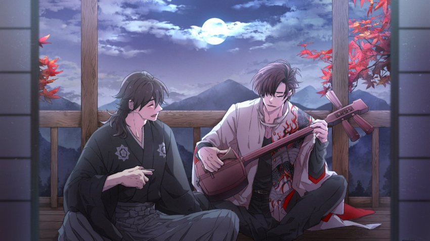2boys :d ^_^ autumn_leaves balcony black_hair black_kimono black_pants black_shirt closed_eyes cloud cup dragon_print facing_another fate/grand_order fate_(series) feet_out_of_frame full_moon grey_hakama hair_between_eyes hair_over_one_eye hakama holding holding_cup indian_style instrument jacket japanese_clothes kimono leaf long_hair low_ponytail male_focus maple_leaf masaki_(star8moon) moon mountain multiple_boys music night open_mouth pants parted_lips playing_instrument ponytail red_hair sakamoto_clan_(emblem) sakamoto_ryouma_(fate) sakamoto_ryouma_(lancer)_(fate) shamisen shirt short_hair shouji sitting sliding_doors smile takasugi_shinsaku_(fate) takasugi_shinsaku_(first_ascension)_(fate) white_jacket wooden_floor