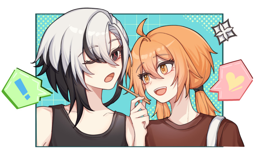 ! 2girls ahoge arlecchino_(genshin_impact) artist_request bare_shoulders black_shirt brown_shirt chinese_commentary collarbone commission contemporary couple food genshin_impact grey_hair hair_between_eyes hand_up happy heart highres holding holding_food holding_pocky leaning_on_person leaning_to_the_side liuboyi33444 long_hair looking_at_another looking_to_the_side low_twintails multicolored_background multicolored_hair multiple_girls oc_x_canon one_eye_closed open_mouth orange_eyes orange_hair original pocky red_pupils shirt short_hair sleeveless sleeveless_shirt spoken_exclamation_mark spoken_heart streaked_hair symbol-shaped_pupils teeth twintails upper_teeth_only x-shaped_pupils x_x yuri