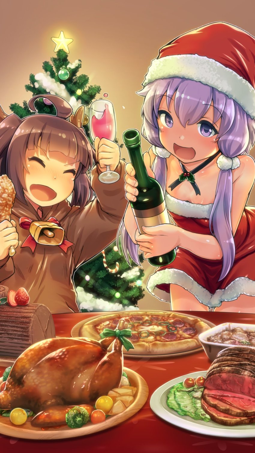 2girls ahoge animal_costume antlers bell blunt_bangs bottle brown_hair brown_hoodie chicken_(food) christmas christmas_ornaments christmas_tree closed_eyes cowboy_shot cup dinner dress drinking_glass drunk food fried_chicken fruit fur-trimmed_dress fur-trimmed_headwear fur_trim garland_(decoration) hat highres holding holding_bottle holding_cup holding_food holly hood hoodie horns looking_at_viewer meal meat multiple_girls neck_bell neck_ribbon open_mouth pizza purple_eyes purple_hair red_dress red_headwear reindeer_antlers reindeer_costume ribbon santa_costume santa_dress santa_hat short_hair_with_long_locks sidelocks sleeveless sleeveless_dress smile standing star_(symbol) strapless strapless_dress strawberry takeda_yukimura touhoku_kiritan turkey_(food) vegetable voiceroid wine_bottle wine_glass yule_log_(cake) yuzuki_yukari