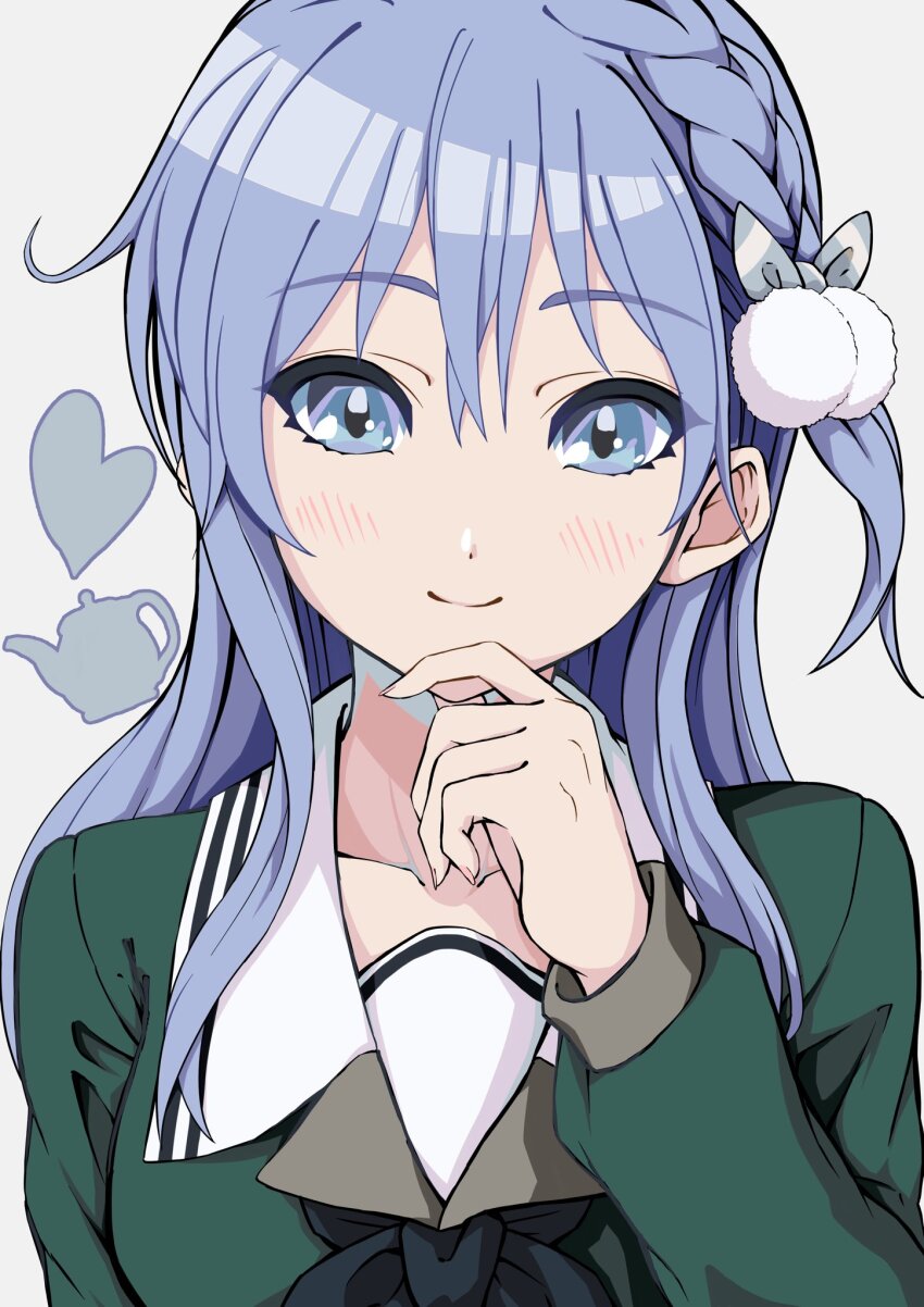 1girl 22/7 black_bow black_bowtie blue_eyes blue_hair bow bowtie braid closed_mouth diagonal-striped_bow green_shirt hair_between_eyes hair_bow hair_ornament hand_on_own_chin heart highres light_blue_hair lionmaru0808 long_hair long_sleeves looking_at_viewer maruyama_akane no_eyewear pom_pom_(clothes) pom_pom_hair_ornament portrait rokubanchou_school_uniform sailor_collar school_uniform serafuku shirt single_braid smile solo white_background white_sailor_collar winter_uniform