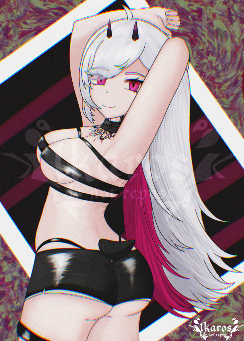 chest_harness darth_ikaros demon_horns demon_tail from_behind harness highres horns leather_shorts leather_wrist_straps long_hair looking_back nano_(nanoless) nanoless_fanart pink_eyes pink_hair tail white_hair