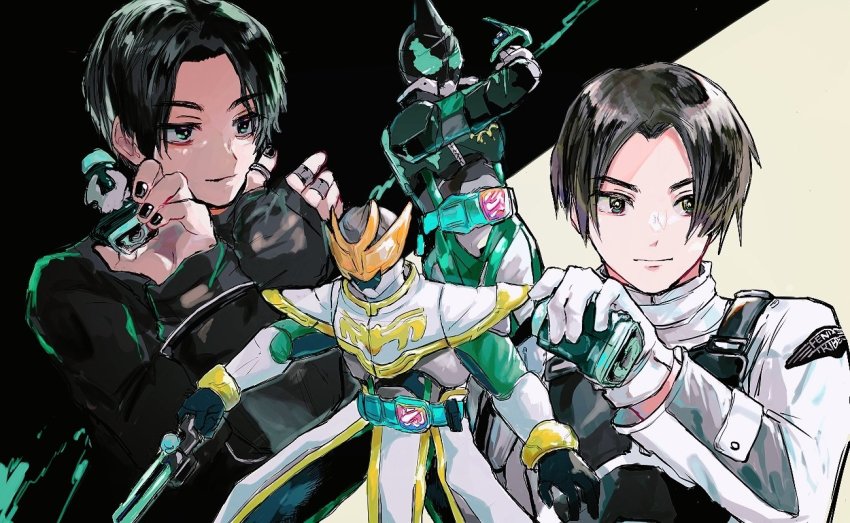 4boys aqua_eyes armband armor asymmetrical_armor bat_(animal) bat_genome bat_wings black_armor black_background black_eyes black_hair black_nails character_name commentary_request demon demon_boy dual_persona elbow_spikes english_text evil_eyes evil_grin evil_smile evilblade fake_horns fenix_uniform gloves grin helmet henshin henshin_pose high_collar horned_helmet horns igarashi_daiji kagero_(kamen_rider_revice) kamen_rider kamen_rider_evil kamen_rider_live kamen_rider_revice livegun loincloth long_coat looking_at_viewer male_focus military military_uniform multiple_boys nail_polish open_hand open_hands orange_eyes shaded_face sheath sheathed short_hair simple_background single_horn smile solo spiked_armor spiked_helmet splatter sword symmetry thigh_strap two-tone_background two_sidriver upper_body uvyuopcqd1dmd4e villain_pose vistamp walking weapon white_armor white_background white_gloves wings