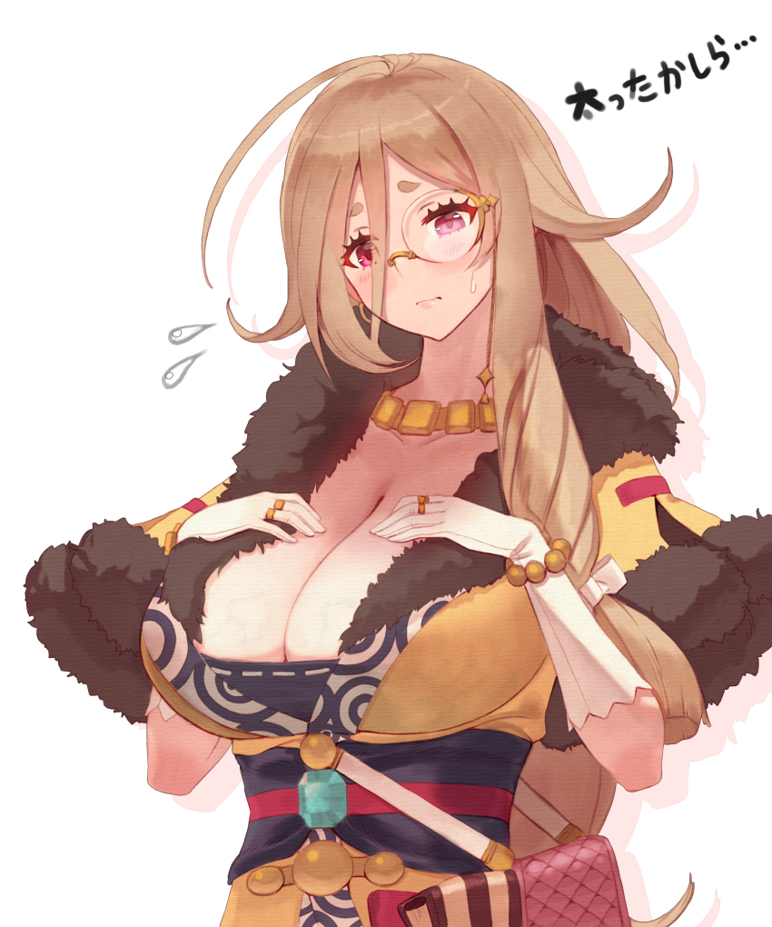 1girl absurdres ahoge bag blush braid breasts brown_hair cleavage closed_mouth creditta_(princess_connect!) flying_sweatdrops fur_trim hair_between_eyes hair_flaps hair_ribbon hands_on_own_breasts highres huge_breasts jewelry long_hair looking_at_viewer necklace pink_eyes princess_connect! ribbon side_braid simple_background solo sweat tsunekun upper_body white_background white_ribbon
