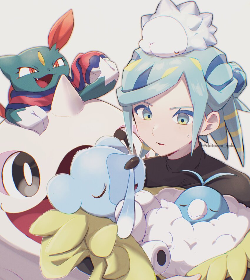 1boy cetoddle chitozen_(pri_zen) commentary_request cubchoo eyelashes gen_2_pokemon gen_3_pokemon gen_5_pokemon gen_8_pokemon green_hair grusha_(pokemon) highres jacket looking_down male_focus medium_hair nintendo on_head parted_lips pokemon pokemon_(creature) pokemon_on_head pokemon_sv shirt sneasel snom swablu sweatdrop twitter_username unworn_jacket watermark white_background
