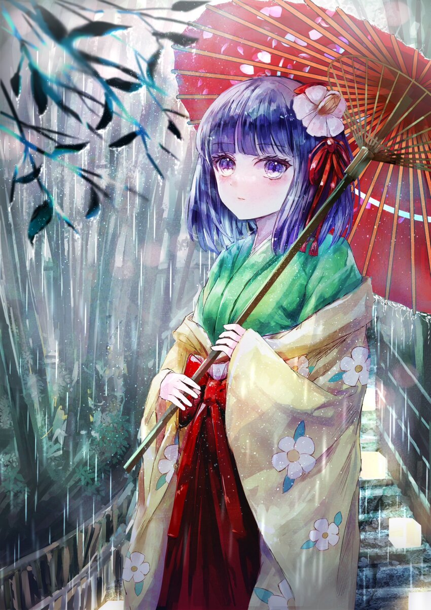 1girl bamboo bell flower green_kimono hair_bell hair_flower hair_ornament hieda_no_akyuu highres japanese_clothes kimono nature purple_eyes purple_hair short_hair suzushina touhou umbrella yellow_kimono