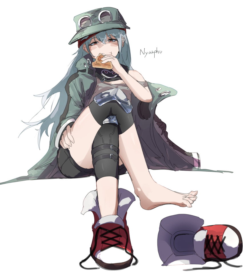 1girl barefoot black_shorts commentary_request crossed_legs eating expressionless food from_below full_body g11_(girls&#039;_frontline) girls&#039;_frontline green_jacket hair_between_eyes half-closed_eyes hand_on_own_thigh hand_up hat highres holding holding_food jacket knee_pads leg_up long_hair looking_at_viewer looking_down messy_hair nyanpu off-shoulder_shirt off_shoulder orange_eyes shirt shoes short_shorts shorts single_bare_shoulder single_shoe sitting solo thighs very_long_hair waffle white_hair