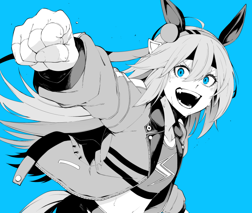 1girl animal_ears aqua_theme blue_background blue_eyes clenched_hand fingerless_gloves gloves greyscale hairband headband highres horse_ears jacket long_hair midriff monochrome spot_color tamamo_cross_(umamusume) tsukamoto_minori umamusume
