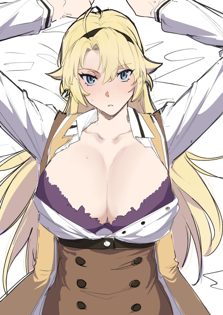 1girl ahoge bed_sheet black_hairband blonde_hair blue_eyes blush bra breasts cleavage collarbone collared_shirt commentary_request hairband highres jacket kohagura_ellen large_breasts long_hair long_sleeves looking_at_viewer lying on_back orange_jacket osafune_girls_academy_school_uniform parted_lips partially_unbuttoned purple_bra school_uniform shirt sketch solo swept_bangs toji_no_miko underwear white_shirt winter_uniform yamamoto_kichiko