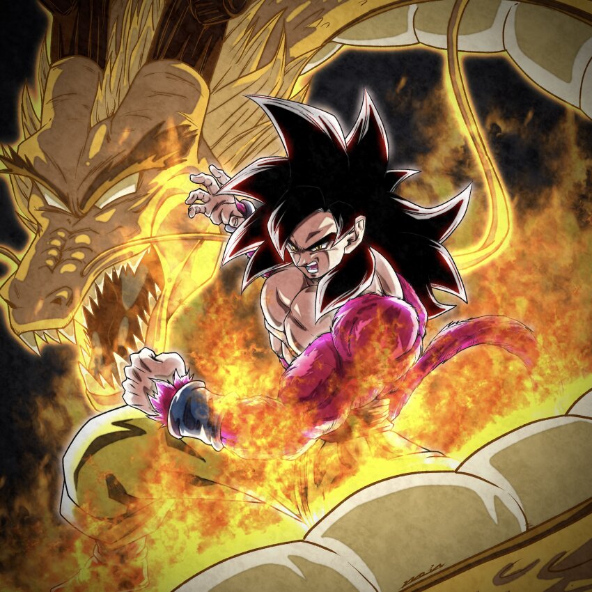 1boy absurdres black_hair blue_sash body_fur clenched_hands dougi dragon dragon_ball dragon_ball_gt dragon_fist_(dragon_ball) eastern_dragon gold_skin highres incoming_attack long_hair male_focus monkey_boy monkey_tail muscular muscular_male no_nipples noir_illust open_mouth pants pectorals red_fur saiyan sash solo son_goku spiked_hair super_saiyan super_saiyan_4 tail teeth wristband yellow_eyes yellow_pants yellow_scales