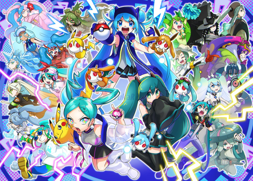 6+girls aimaina aqua_hair armband armpit_crease artist_name bandaid bandaid_on_face bandana black_bow black_choker black_gloves black_hair black_skirt black_thighhighs blastoise blue_background blue_eyes blue_hair blue_headwear blue_necktie blue_skirt blue_trim bow breasts brown_dress bug_miku_(project_voltage) charizard choker cloak closed_mouth collared_shirt colored_eyelashes colored_skin commentary crown curly_hair dark_miku_(project_voltage) denki_yohou_(vocaloid) detached_sleeves diamond_earrings donut_hair_bun dot_nose double_bun dragon_miku_(project_voltage) dress earrings eevee electric_miku_(project_voltage) english_commentary everyone eyelashes eyeshadow facing_to_the_side fairy_miku_(project_voltage) fighting_miku_(project_voltage) fingerless_gloves fire_miku_(project_voltage) flower flying flying_miku_(project_voltage) formal_clothes fortissimo frills gen_1_pokemon ghost_miku_(project_voltage) glasses glitch gloves goggles goggles_on_head grass_miku_(project_voltage) green_armband green_eyes green_hair green_jacket green_sleeves grin ground_miku_(project_voltage) hair_between_eyes hair_bow hair_bun hair_flower hair_ornament hair_over_one_eye hair_through_headwear happy hat hat_bow hatsune_miku heart heart_in_eye holding holding_poke_ball holding_umbrella holding_weapon hoop_earrings ice_miku_(project_voltage) jacket jewelry leaf leg_warmers lightning_bolt-shaped_pupils lightning_bolt_symbol long_hair long_sleeves loose_socks love_ball makeup medium_breasts microphone miniskirt mirai_donna_darou_(vocaloid) multicolored_hair multiple_girls multiple_hair_bows musical_note musical_note_hair_ornament necktie nintendo normal_miku_(project_voltage) one_eye_closed open_mouth orange_eyes pants pikachu pillow pink_eyes pink_gloves pink_hair pink_nails pink_sweater plaid_clothes plaid_skirt pleated_skirt pocket_no_monster_(vocaloid) poison_miku_(project_voltage) poke_ball poke_ball_symbol pokemon pom_pom_(cheerleading) print_dress project_voltage psychic_miku_(project_voltage) puffy_long_sleeves puffy_sleeves purple_eyes purple_hair red_bandana red_eyes red_flower red_gloves red_hair rock_miku_(project_voltage) scrunchie see-through_clothes see-through_sleeves shaded_face shirt shoes sidelocks skirt sleeveless sleeveless_shirt sleeves_past_wrists small_breasts smile socks songover steel_miku_(project_voltage) suit sun_hat sweater symbol-shaped_pupils symbol_in_eye tail teeth thighhighs torn_cloak torn_clothes twintails two-tone_hair umbrella v-shaped_eyebrows venusaur very_long_hair vocaloid volt_tackle_(vocaloid) water_miku_(project_voltage) watermark weapon white_footwear white_headwear white_leg_warmers white_shirt white_socks white_suit x_hair_ornament yellow_eyes yellow_footwear yellow_scrunchie yellow_skin yukari_(yukari21653710)