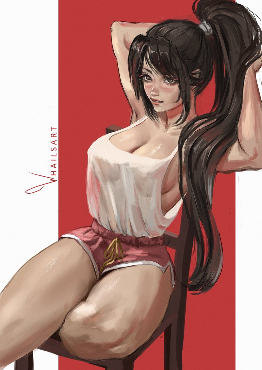 1girl armpits artist_name breasts brown_eyes brown_hair chair closed_mouth collarbone covered_erect_nipples crossed_legs high_ponytail highres large_breasts legs_together lipstick long_hair looking_to_the_side makeup on_chair parted_bangs pink_shorts ponytail red_background see-through_clothes see-through_shirt shiranui_mai shirt short_shorts shorts signature simple_background sitting solo the_king_of_fighters thighs very_long_hair whails white_background