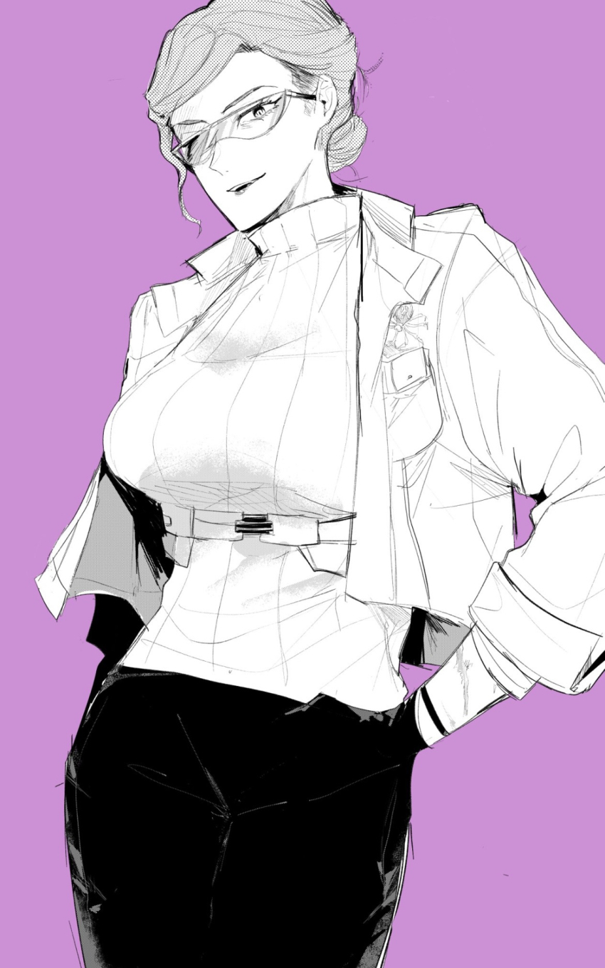 1girl armored_core armored_core_vi:_fires_of_rubicon breasts chest_harness cinder_carla cowboy_shot gloves greyscale_with_colored_background hair_bun hands_on_own_hips harness highres k_ruc long_sleeves looking_at_viewer one_eye_covered open_clothes open_shirt parted_bangs safety_glasses scar scar_on_arm simple_background smile solo sweater turtleneck turtleneck_sweater underbust