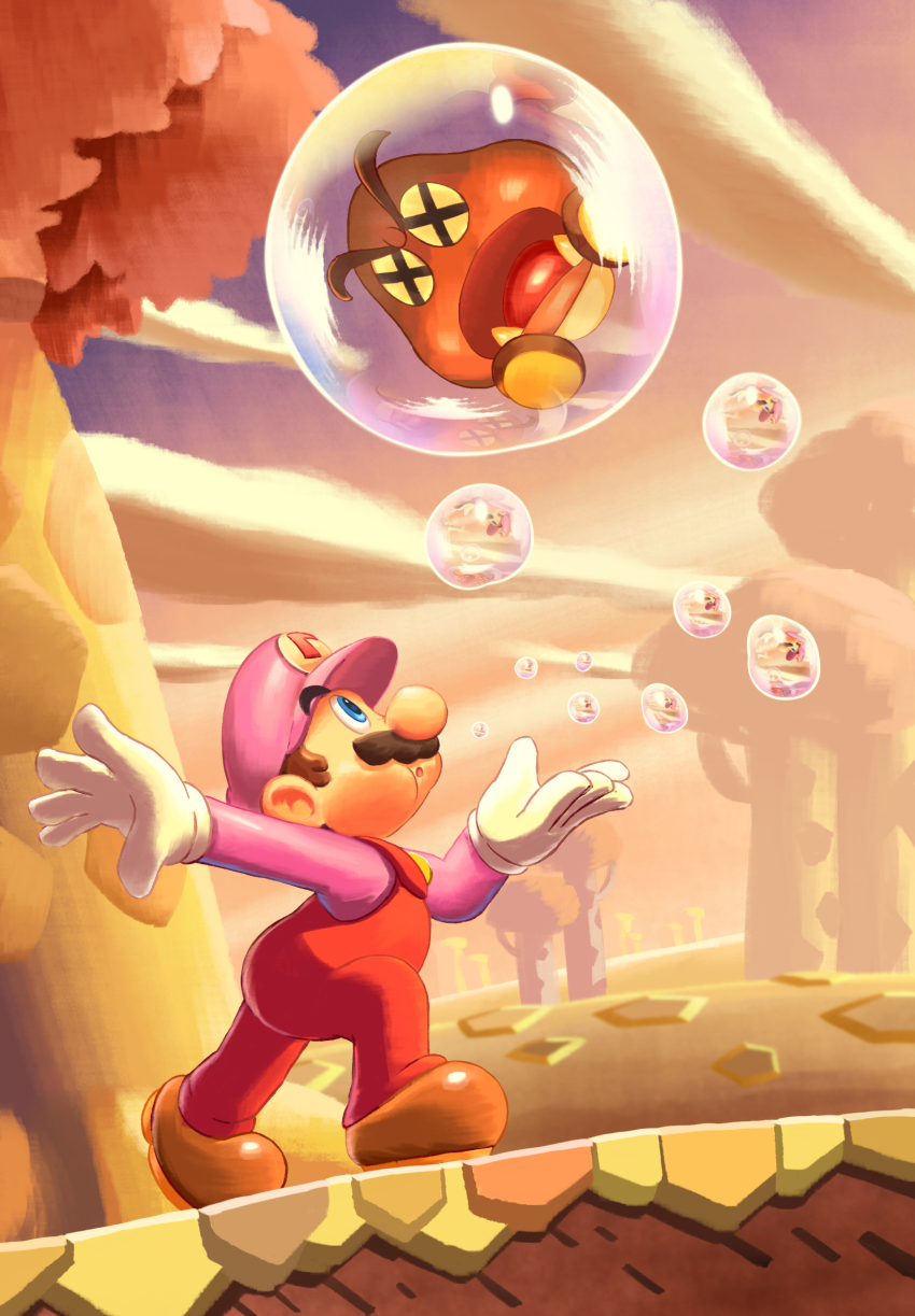 1boy artist_name blue_eyes brown_hair bubble bubble_mario cloud day facial_hair from_side gloves goomba hat highres male_focus maribou_(supermaribou) mario mario_(series) mustache nintendo open_mouth outdoors overalls pink_hat pink_shirt red_overalls shirt short_hair sunset super_mario_bros._wonder symbol-shaped_pupils tree watermark white_gloves x_x