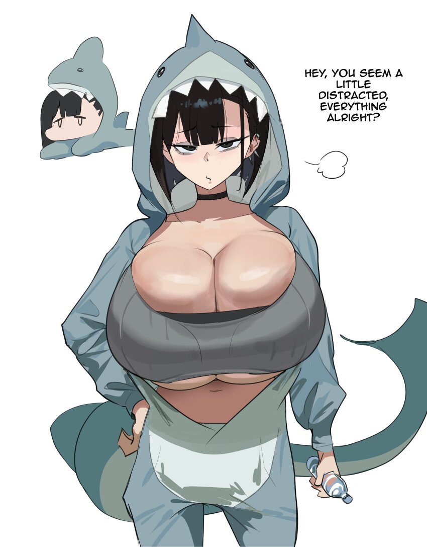 1girl absurdres animal_costume animal_hood asymmetrical_bangs black_choker black_eyes black_hair booruguru bottle breasts choker cleavage commentary cowboy_shot doodle_inset ear_piercing english_commentary english_text eyeshadow goth_(booruguru) grey_eyeshadow grey_sports_bra hand_on_own_hip highres holding holding_bottle hood hood_up huge_breasts long_sleeves looking_at_viewer makeup multiple_views onesie original piercing puff_of_air shark_costume shark_hood short_hair simple_background skindentation solo_focus sports_bra standing talking undersized_breast_cup water_bottle white_background