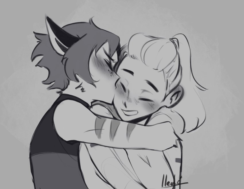 2girls adora adora_(she-ra) animal_ears blush cat_ears cat_girl catra kissing_cheek closed_eyes freckles highres hug kiss masters_of_the_universe monochrome multiple_girls ponytail qualianoetrange she-ra she-ra_and_the_princesses_of_power short_hair smile yuri