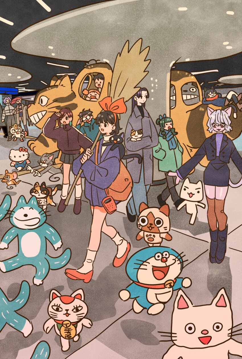 11_piki_no_neko 1other 3boys 6+girls :3 :o alternate_costume animal animal_ears animal_on_shoulder ayase_momo bell black_boots black_eyes black_hair black_shoes blue_hoodie blue_pants blue_scarf blue_skirt boots bow broom brown_hair brown_shoes brown_thighhighs calico_(pattern) calico_cat cat cat_day cat_ears cat_on_shoulder cat_tail character_request closed_eyes coat commentary copyright_request crossed_legs crossover dandadan doko_demo_issho doraemon doraemon_(character) drawstring dungeon_meshi felyne full_body gen_1_pokemon glasses green_coat green_hair grey_hair hair_bow hands_in_pockets hello_kitty hello_kitty_(character) highres holding holding_animal holding_broom holding_cat hood hood_down hoodie hunter_x_hunter indoors inoue_toro izutsumi jacket james_(pokemon) jerry_(tom_and_jerry) jessie_(pokemon) jiji_(majo_no_takkyuubin) jingle_bell jinshi_(kusuriya_no_hitorigoto) kiki_(majo_no_takkyuubin) kusakabe_mei kusakabe_satsuki kusuriya_no_hitorigoto long_hair long_sleeves lying majo_no_takkyuubin maneki-neko mao_mao_the_cat maomao_(kusuriya_no_hitorigoto) meowth monster_hunter_(series) multiple_boys multiple_crossover multiple_girls neferpitou nekobus nintendo nontan_(nontan_to_isshou) nontan_to_isshou on_back open_mouth pants pleated_skirt pokemon pokemon_(anime) pokemon_(creature) purple_jacket red_bow red_shoes round_eyewear running sanrio scarf shoes short_hair skirt smile socks symbol-only_commentary tail takakura_ken_(dandadan) takeuchi_ryousuke thighhighs tile_floor tiles tom_(tom_and_jerry) tom_and_jerry tonari_no_totoro totoro trait_connection turbo_granny_(dandadan) u_u walking white_hair white_socks