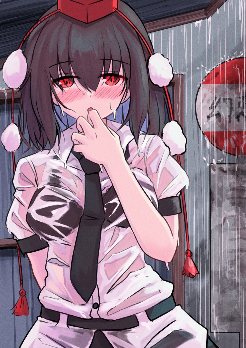 1girl absurdres belt black_bra black_hair black_necktie blush bra commentary_request highres looking_at_viewer necktie outdoors rain red_eyes shameimaru_aya shirt short_hair short_sleeves solo touhou underwear upper_body wet wet_clothes white_shirt yuuka_(a0240765)