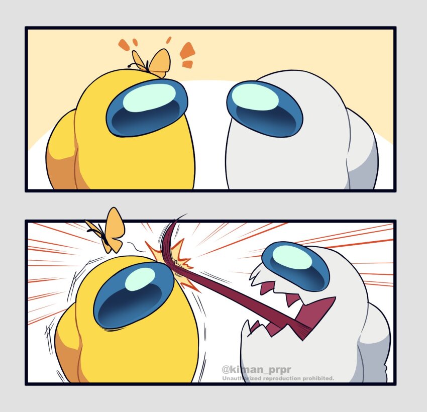 2koma 2others ambiguous_gender among_us bug butterfly comic commentary_request crewmate_(among_us) helmet highres impostor_(among_us) insect kiman long_tongue multiple_others sharp_teeth silent_comic space_helmet spacesuit teeth tongue twitter_username very_long_tongue watermark white_(among_us) yellow_(among_us)