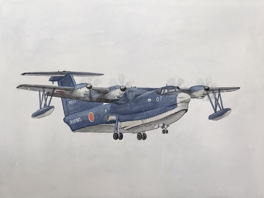 aircraft airplane atelier_bono cloud cloudy_sky flying flying_boat highres japan_maritime_self-defense_force japan_self-defense_force landing_gear military no_humans original overcast painting_(medium) roundel seaplane shinmaywa_us-2 sky traditional_media vehicle_focus watercolor_(medium)