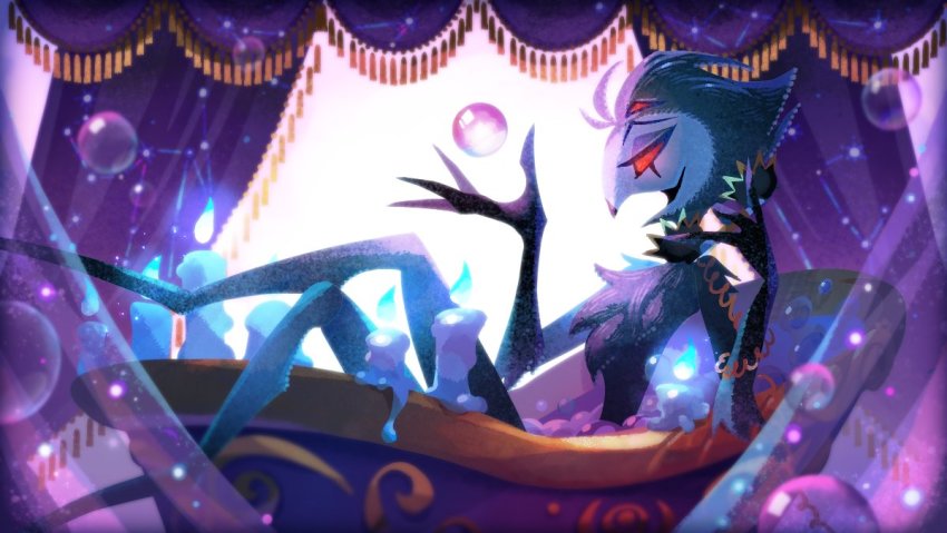 1boy bath bathing blue_fire blue_fur bubble_bath candle constellation corded_phone curtains dokur01 fire furry furry_male glowing glowing_eyes half-closed_eyes hellaverse helluva_boss holding holding_phone male_focus open_mouth phone red_eyes sitting smile soap_bubbles solo stolas_(helluva_boss) talking_on_phone