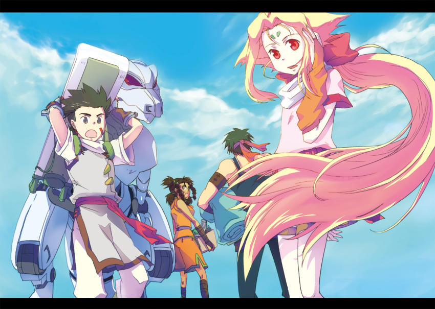 2boys 2girls box brown_hair cloud day facial_mark fiona_(zoids) forehead_mark headband hoverboard irvine long_hair matsu_(nia) matsu_(pixiv) moonbay multiple_boys multiple_girls open_mouth red_eyes sky van_flyheight very_long_hair wind zeke_(zoids) zoids zoids_chaotic_century