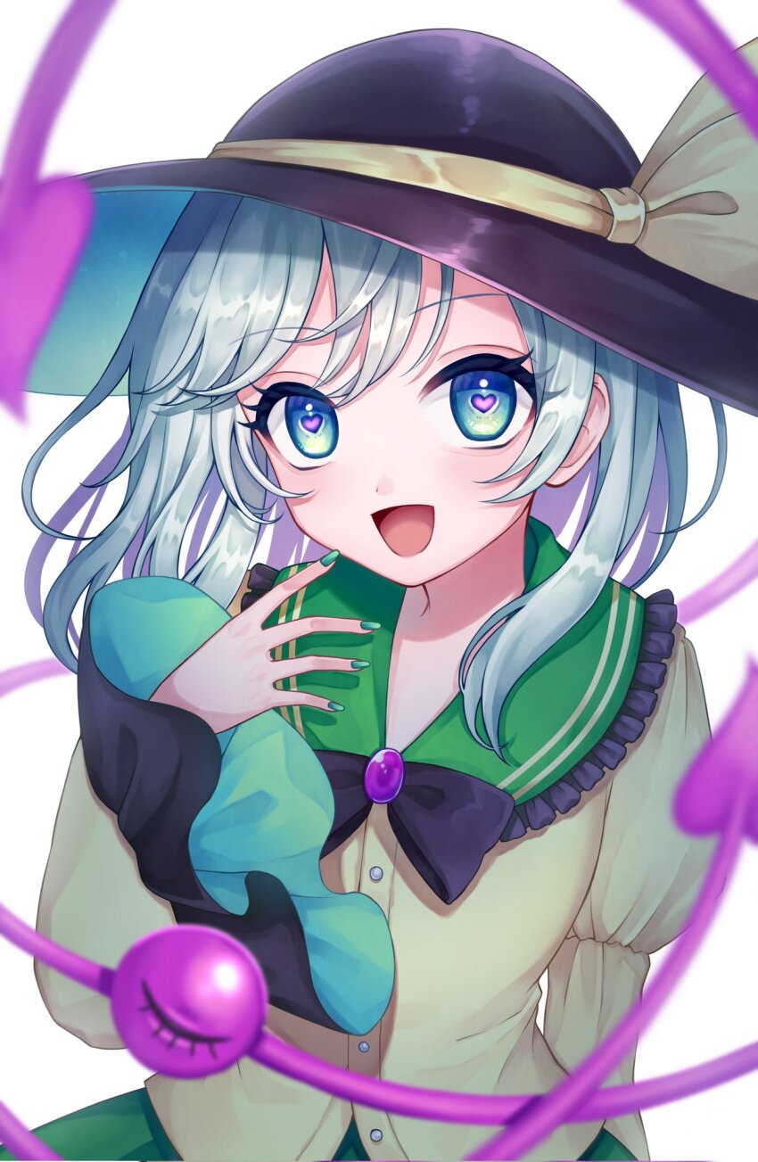 1girl black_ribbon blue_eyes blurry blurry_foreground disembodied_eye green_nails green_skirt grey_hair hat heart heart-shaped_pupils highres komeiji_koishi long_sleeves looking_at_viewer one_eye_closed ribbon rnkgmn shirt simple_background skirt solo symbol-shaped_pupils third_eye touhou upper_body white_background white_hat wide_sleeves yellow_shirt