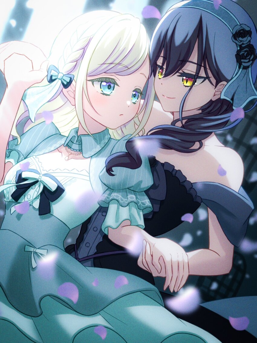 2girls bare_shoulders black_bow black_dress black_flower black_hair black_hairband black_rose blue_bow blue_shrug blue_skirt bow braid ceras_yanagida_lilienfeld closed_mouth collared_shrug commentary_request cowboy_shot dancing dress drill_hair edel_note expressionless falling_petals flower flower_hairband frilled_sleeves frills grey_hair hair_bow hair_over_shoulder hairband highres izayoi_selene katsuragi_izumi link!_like!_love_live! long_hair love_live! multiple_girls nanase_itsuki off-shoulder_dress off_shoulder official_alternate_costume petals pink_petals puffy_short_sleeves puffy_sleeves rose shirt short_sleeves shrug_(clothing) side_braid single_drill skirt sleeveless sleeveless_shirt smile split_mouth taking_another&#039;s_hand virtual_youtuber waltz_(dance) white_shirt