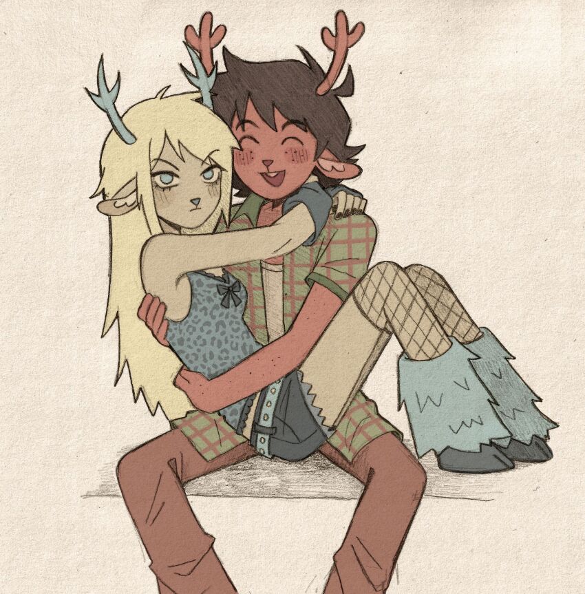 1boy 1girl :d ^_^ aged_down animal_ears antlers arms_around_neck arms_around_waist bare_shoulders black_nails blonde_hair blue_arm_warmers blue_bow blue_eyes blue_leg_warmers blue_shirt blue_shorts bow breasts brown_hair brown_pants carol_holiday closed_eyes commentary deer_ears deltarune denim denim_shorts english_commentary fishnet_socks fishnets furry furry_female furry_male highres hooves horns jacket leg_warmers long_hair medium_hair open_clothes open_jacket open_mouth pants plaid_clothes plaid_jacket reindeer_antlers reindeer_boy reindeer_girl rudolph_holiday shirt shorts sitting sitting_on_person small_breasts smile socks szivarvanyturmix02 utdr_(toby_fox)