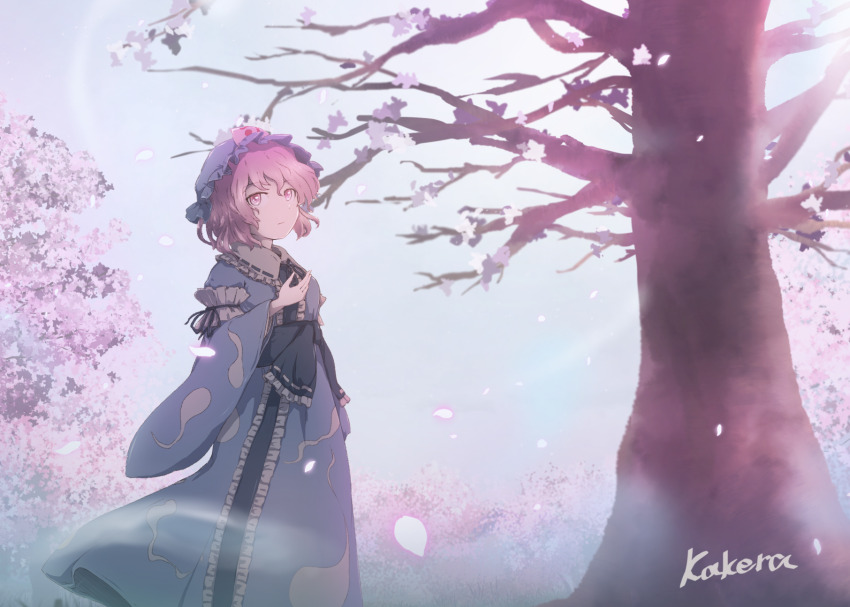 1girl artist_name blue_hat blue_kimono breasts cherry_blossoms closed_mouth commentary_request falling_petals frilled_kimono frills hat highres hitodama_print japanese_clothes kakera_(comona_base) kimono long_sleeves looking_at_viewer medium_hair mob_cap petals pink_eyes pink_hair pink_petals print_kimono saigyouji_yuyuko sleeve_garter solo touhou triangular_headpiece wide_sleeves