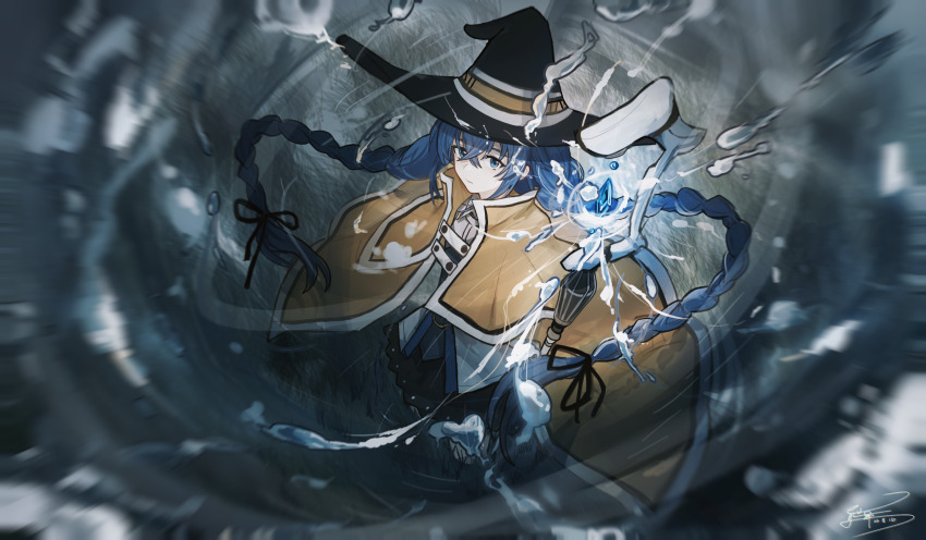 1girl absurdres black_bow black_hat blue_eyes blue_hair bow braid braided_twintails cape casting_spell chinese_commentary commentary crossed_bangs crystal dated dress expressionless floating_hair from_above grasslands hair_between_eyes hair_bow hat highres holding holding_staff large_hat long_grass long_hair looking_at_viewer looking_up low-tied_long_hair low_twintails magic mushoku_tensei roxy_migurdia signature solo staff twin_braids twintails water white_dress witch_hat yellow_cape yisjhui