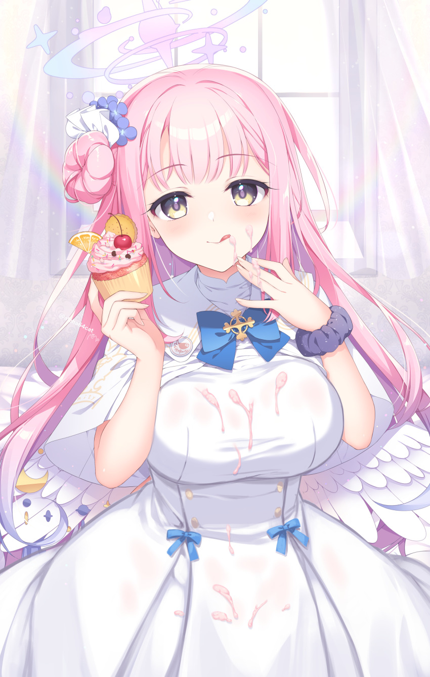 1girl :q absurdres alpha_(yukai_na_nakamatachi) angel_wings blue_archive blue_bow blue_flower blunt_bangs blush bow breasts bright_pupils cake capelet cherry cleavage closed_mouth commentary_request curtains curvy dress eyelashes floating_hair flower food food_on_body food_on_breasts food_on_face fruit gluteal_fold groin hair_bun hair_flower hair_ornament halo hands_up highres holding holding_cake holding_food indoors knees_out_of_frame large_breasts licking_lips long_hair looking_at_viewer mika_(blue_archive) navel orange_(fruit) orange_slice pink_hair pink_halo rainbow sidelocks signature single_side_bun sitting skindentation smile solo straight_hair suggestive_fluid thigh_gap tongue tongue_out twitter_username very_long_hair wariza white_capelet white_dress white_wings window wings yellow_eyes
