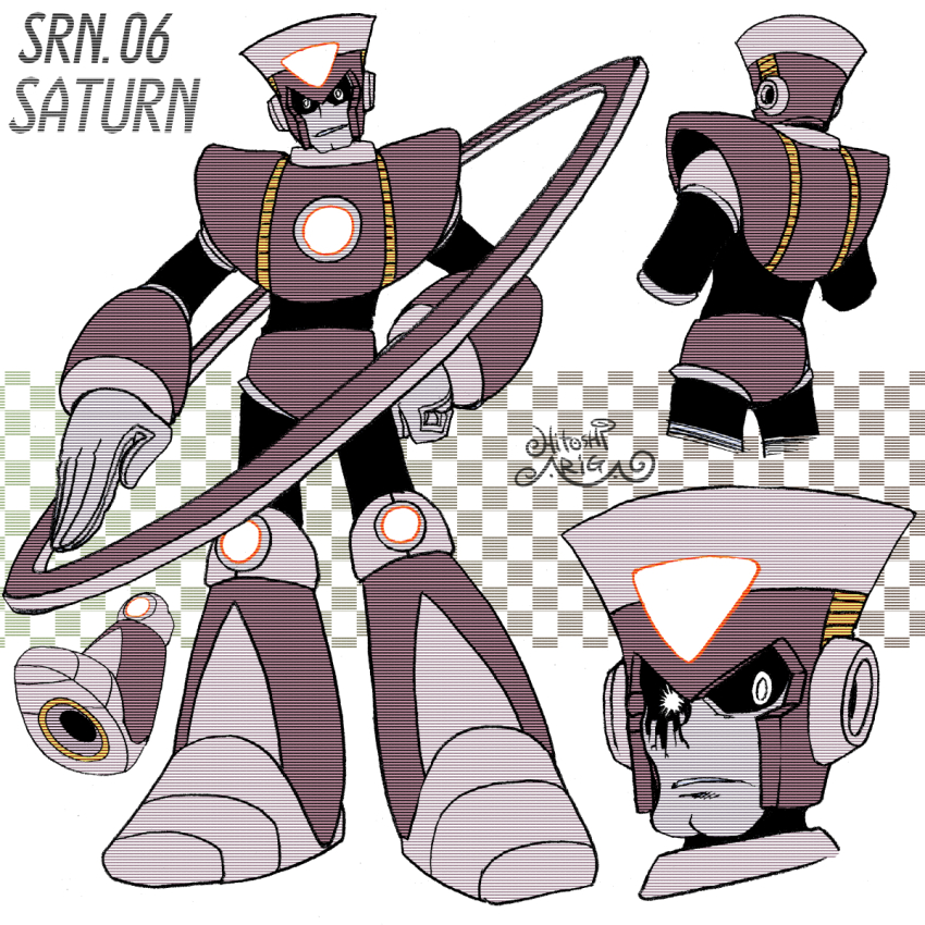 1boy ariga_hitoshi armor artist_name black_bodysuit black_sclera bodysuit boots brown_armor brown_footwear brown_helmet character_name checkered_background chest_armor chest_jewel colored_sclera colored_skin commentary_request concept_art cowboy_shot forehead_jewel from_behind frown full_body gem glowing_gem gradient_background green_background grey_background grey_skin hand_on_own_hip head_tilt helmet highres humanoid_robot joints knee_boots leaking looking_ahead looking_at_viewer male_focus mega_man_(classic) mega_man_(series) mega_man_megamix mega_man_v missing_eye multiple_views muted_color no_humans one-eyed orange_gemstone parted_lips portrait reference_sheet robot robot_ears robot_joints saturn_(mega_man) scanlines shoe_soles shoulder_armor signature simple_background standing straight-on teeth turnaround white_background white_eyes white_gemstone