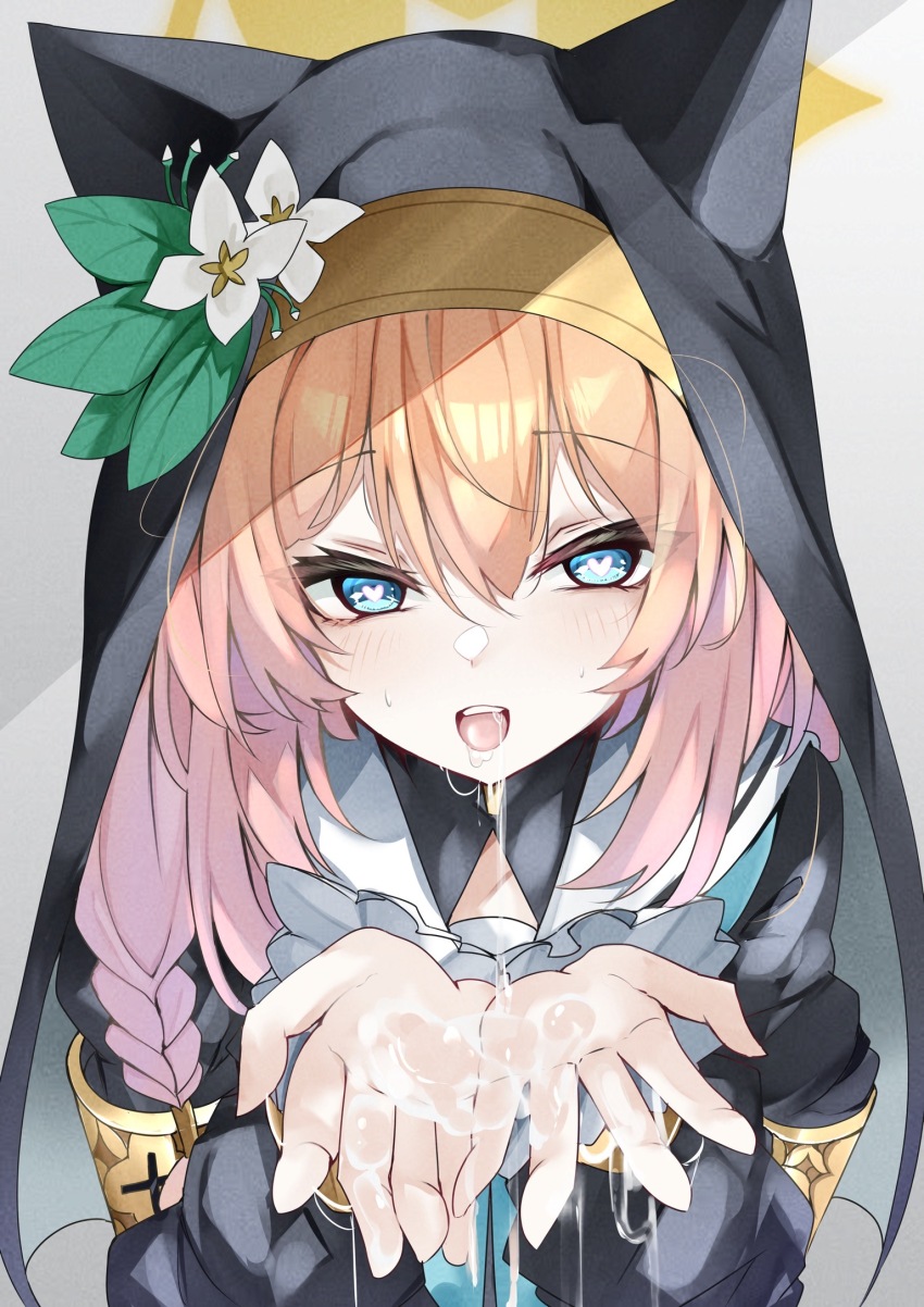 1girl animal_hat black_collar black_dress blue_archive blue_eyes braid bright_pupils cat_hat collar cum cum_in_mouth cum_on_body cum_on_hands dress flower_ornament halo hat heart heart-shaped_pupils highres long_hair mari_(blue_archive) mutou_mame nun orange_hair solo symbol-shaped_pupils teeth tongue upper_body upper_teeth_only white_pupils yellow_halo