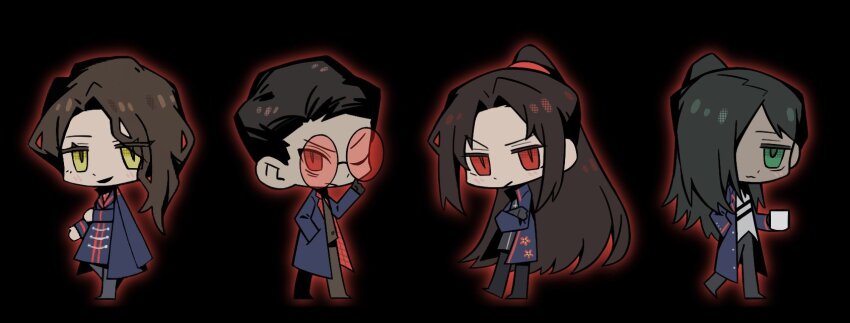 1girl 1nf1n1tebubble 3boys :3 aseah_(project_moon) black_background black_hair black_pants blue_cape blue_coat cape chibi coat green_eyes gubo_(project_moon) hair_over_one_eye hermann_(project_moon) high_ponytail highres jia_huan_(project_moon) limbus_company long_hair looking_at_viewer multiple_boys official_style one_eye_closed pants parted_lips ponytail project_moon red-tinted_eyewear red_eyes round_eyewear simple_background smile sunglasses tinted_eyewear very_long_hair yellow_eyes