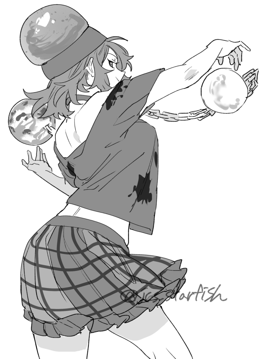 1girl chain closed_mouth cowboy_shot earth_(ornament) from_behind greyscale hecatia_lapislazuli highres looking_back medium_hair mero_(starfish_jcs) monochrome moon_(ornament) off-shoulder_shirt off_shoulder outstretched_arms shirt simple_background skirt smile solo touhou twitter_username underworld_(ornament) white_background