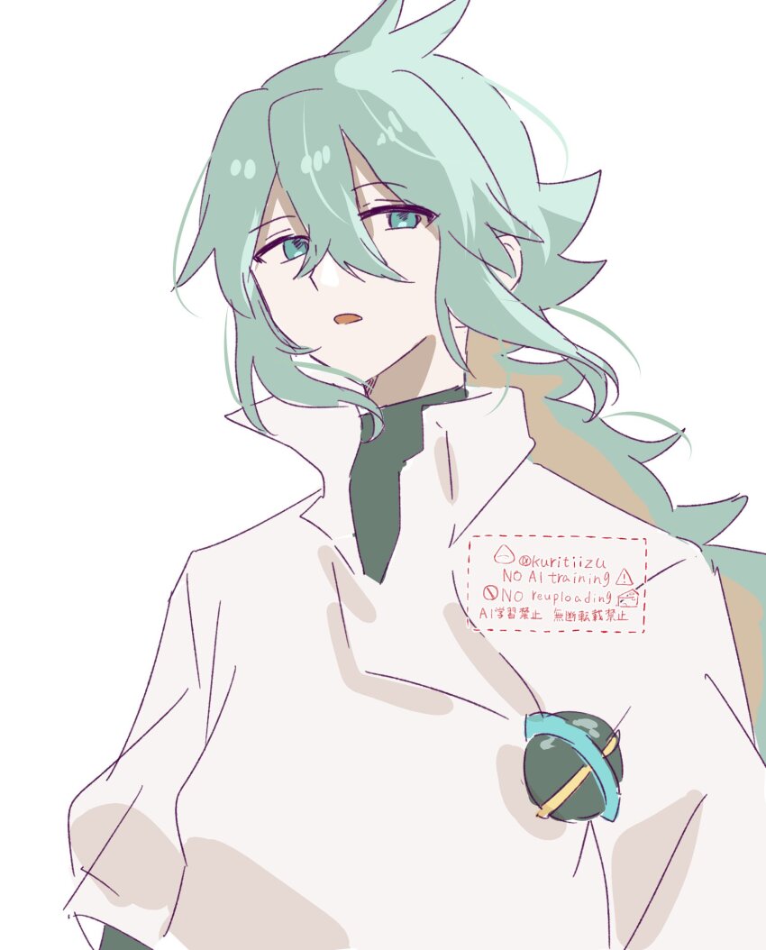 1boy :o black_undershirt green_eyes green_hair hair_between_eyes highres kuritiizu long_bangs long_hair looking_at_viewer male_focus n_(pokemon) nintendo open_mouth pokemon pokemon_bw shirt solo upper_body white_background white_shirt