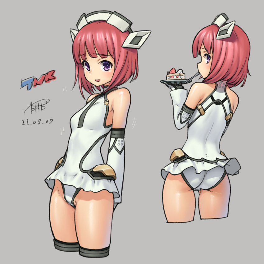 1girl aikawa_aika alice_gear_aegis ass breasts cake cake_slice cropped_legs food headgear highleg highleg_leotard highres leotard multiple_views open_mouth pink_hair profile purple_eyes short_hair small_breasts smile takada_kazuhiro white_leotard