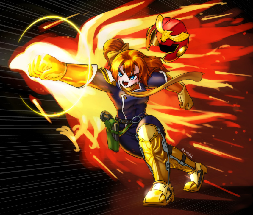 1girl absurdres assault_visor black_background blue_bodysuit bodysuit bow breasts buttons captain_falcon captain_falcon_(cosplay) clenched_hands commentary cosplay double-breasted f-zero falcon_punch flaming_hand gloves gun hair_bow handgun helmet highres holster holstered kosaka_honoka krakelak love_live! love_live!_school_idol_project medium_breasts medium_hair motion_lines nintendo one_side_up open_mouth orange_hair punching red_helmet solo speed_lines standing teeth twitter_username v-shaped_eyebrows weapon white_footwear yellow_bow yellow_gloves