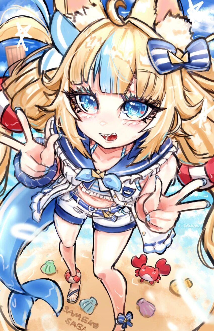 1girl absurdres ahoge animal_ear_fluff animal_ears beach blonde_hair blue_bow blue_eyes blue_hair blue_nails blue_scrunchie bow cat_ears crab double_v dress exodamartworks fins fish_girl fish_tail highres indie_virtual_youtuber long_hair looking_at_viewer low_twintails midriff multicolored_hair navel sameko_saba scrunchie seashell shell smile streaked_hair tail twintails v virtual_youtuber white_dress wrist_scrunchie