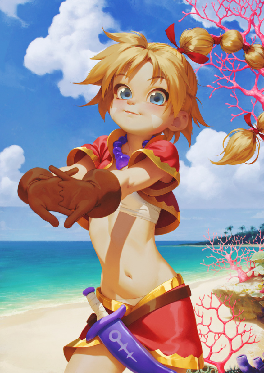 1girl alkemanubis beach blonde_hair blue_eyes blue_sky braid braided_ponytail chrono_cross cloud coral cracking_knuckles dagger day female_focus gloves highres jewelry kid_(chrono_cross) knife miniskirt multi-tied_hair navel necklace ocean skirt sky smile solo stomach weapon