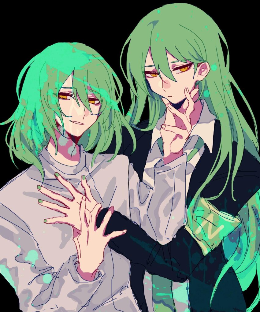 2boys armband black_background black_jacket collared_shirt dress_shirt dual_persona er_hea expressionless eyebrow_cut giovanni_(project_moon) green_armband green_nails green_necktie hand_on_another&#039;s_chin highres jacket lobotomy_corporation looking_at_viewer male_focus medium_hair multiple_boys necktie netzach_(project_moon) project_moon shirt simple_background splatter upper_body white_shirt